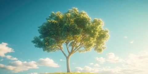 Wall Mural - A tree is standing in a field with a blue sky above it. The tree is surrounded by clouds, giving the scene a peaceful and serene atmosphere