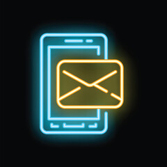 Poster - Blue and yellow neon icon of a smartphone receiving a new email notification on a black background