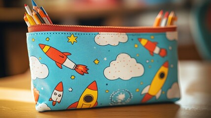 Wall Mural - a blue pencil pouch with rockets and stars on it. the pouch is open and has a zipper