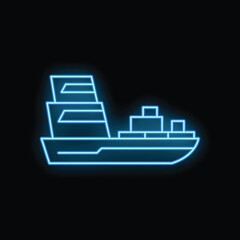 Poster - neon blue glowing cargo ship carrying freight containers on a black background