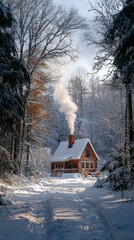 Poster - Nestled in a serene forest, a charming cabin stands amidst thick snow, with gentle smoke curling from its chimney, capturing the essence of peaceful winter solitude