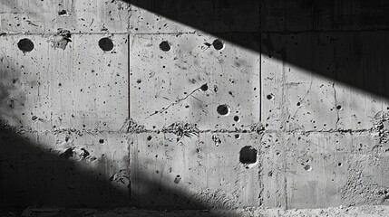 Poster - Rugged concrete wall displays numerous holes and textures, illuminated by dramatic shadows. This striking composition emphasizes the interplay of light and structure in an urban setting
