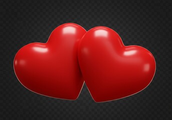 Wall Mural - Two red hearts love, Valentine's Day, and romance realistic 3D isolated on transparent background. generative ai
