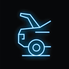 Poster - Blue glowing neon icon representing a car with its trunk open, isolated on a black background