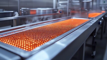 A modern kitchen surface with an illuminated orange cooking area, featuring a sleek design and steam rising, indicating a high-temperature cooking process.