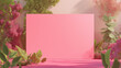 © Ramses - pink rectangular blank banner , pink background , promotional banner mockup , minimalist design for advertising , plants in place