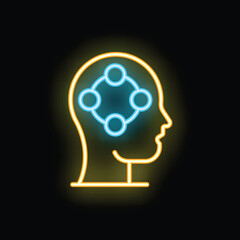 Poster - Neon sign of a human head profile with a brain activity symbol, representing thinking, brainstorming and ideas