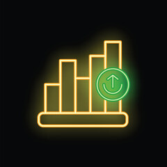 Poster - Neon glowing growing bar chart with a smiling face and an up arrow, showing positive results