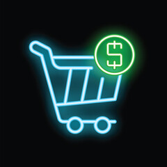 Poster - Neon blue shopping cart with a green dollar sign is glowing on a black background