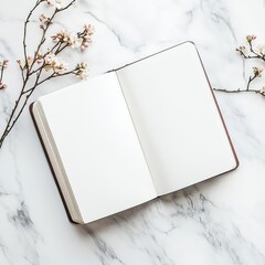 Poster - Blank notebook on a marble surface with cherry blossom branches nearby inspires creativity and reflection in quiet moments. Generative AI