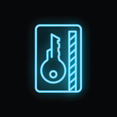 Poster - Blue neon sign showing a key card icon on black background
