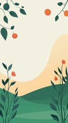 Aufkleber - Colorful floral illustration depicting a serene landscape with hills and orange fruit in a natural setting. Generative AI