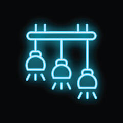 Poster - Blue neon icon of three lamps hanging from ceiling illuminating the dark