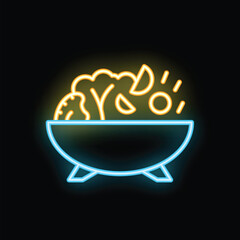 Poster - Neon sign illuminating a bowl with salad ingredients falling into it