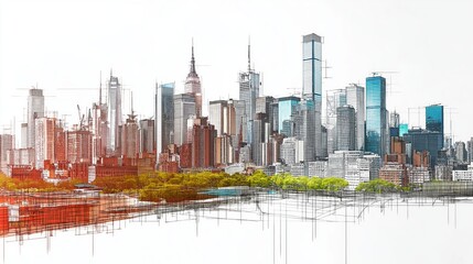 Aufkleber - city planning with architectural sketch and green landscape, representing sustainable urban development, innovation, and modern infrastructure, Generative Ai