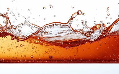 Fototapete - Amber liquid splashing, close-up, white background, refreshment