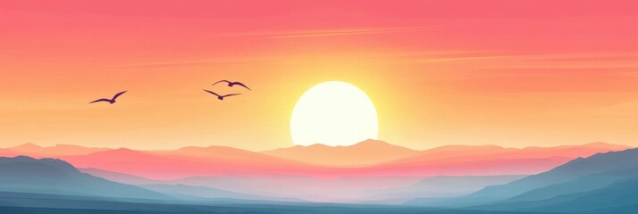 Poster - Stunning sunset over mountains with flying birds creating a serene landscape at twilight. Generative AI