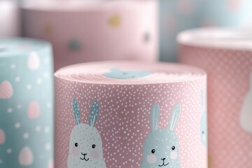 rolls of wrapping paper with easter bunnies and eggs prints, pastel colors