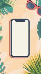 Poster - Relaxing summer vibes with a smartphone surrounded by tropical greenery and sunglasses. Generative AI
