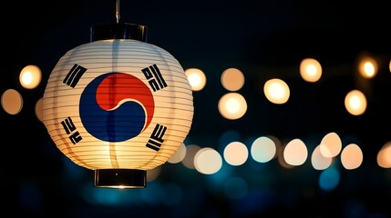 South Korean flag lantern decorates a festive evening with soft bokeh lights enhancing the ambiance