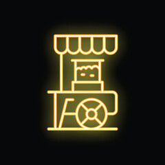 Poster - Yellow glowing neon sign of a street food cart selling popcorn, on a black background