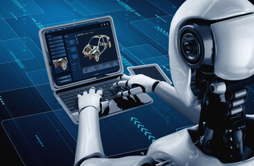 Poster - electric car design software on computer screen showing simulation blueprint snugly by digital calcu