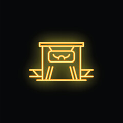 Poster - Yellow neon sign of a train station on a black background, perfect for projects related to transportation, travel, or urban life