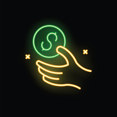 Poster - Neon sign of a hand holding a dollar coin, a bright illustration on the subject of finance