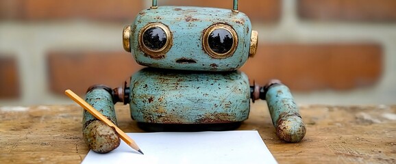 Poster - Robot writing on paper, brick wall background, AI concept