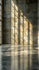 Poster - Warm sunlight streams through large windows, casting intricate shadows on the textured concrete walls and polished floor of this minimalist architectural wonder