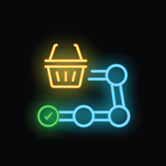 Poster - Neon glowing shopping basket moving on a conveyor belt with check mark in circle, concept of successful online order processing and delivery