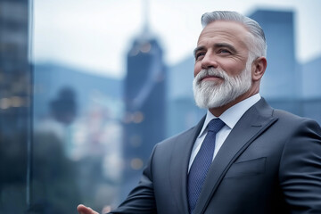 A man with a beard and a blue tie is standing in front of a building