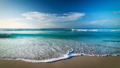 the ocean is calm and peaceful with a few waves breaking on the shore