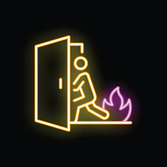 Poster - Neon sign of a person running out of a burning building through an open door