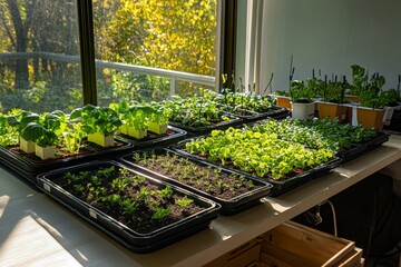 Seedlings of various vegetables are neatly arranged on trays, soaking in sunlight through a window. The vibrant green plants indicate healthy growth, ideal for home gardening enthusiasts