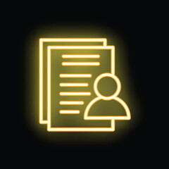 Poster - glowing yellow neon icon of documents with user profile representing online registration process on 