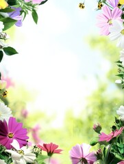 Poster - Bright floral border featuring various flowers in full bloom with a soft, blurred background during daylight hours. Generative AI