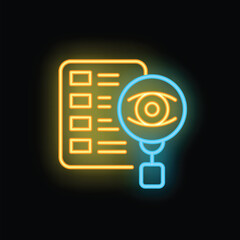 Poster - Neon icon of a magnifying glass hovering over a document, symbolizing audit, review, or analysis
