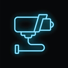 Poster - Bright blue neon cctv camera icon is glowing on a dark background, representing security and surveillance