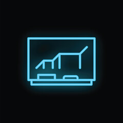 Poster - Blue neon icon of a growing graph on a blackboard, glowing on a black background