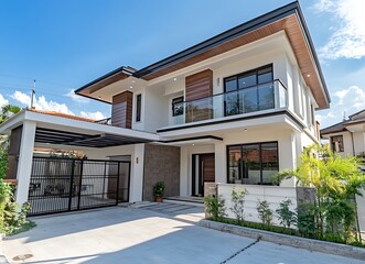 Wall Mural - Modern two-story house exterior with white walls and brown wood, front view