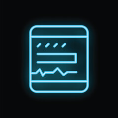 Poster - Blue glowing neon line mobile phone with statistics icon isolated on black background