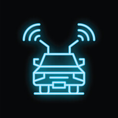 Poster - Bright blue neon sign depicting a smart vehicle with antennas, emitting signals, symbolizing car connectivity and automation