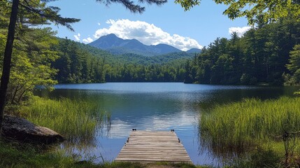 Aufkleber - Nestled among lush greenery, a wooden dock stretches into tranquil waters, mirroring distant mountains under a brilliant blue sky, inviting peace and reflection