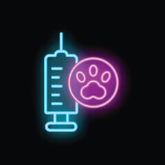 Wall Mural - Glowing neon icon of a syringe and a paw print, representing veterinary care and pet health