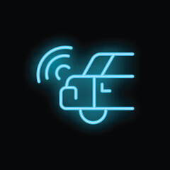 Poster - Blue neon icon of a smart car using a wireless network on a black background