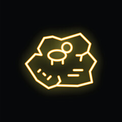 Poster - Bright yellow neon icon of a treasure map glowing on a dark background
