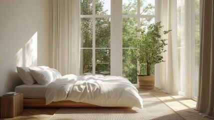 Wall Mural - Minimalist bedroom, close-up of white linens and wooden accents, bright natural light