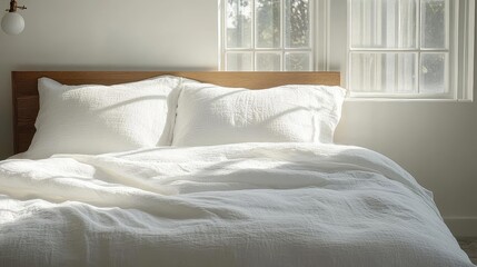 Wall Mural - Minimalist bedroom, close-up of white linens and wooden accents, bright natural light