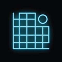 Poster - Bright blue neon icon of a package moving through a grid system representing delivery logistics tracking on a black background